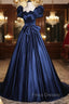 Elegant Blue Satin Formal Prom Dress, Square Neckline Puffy Short Sleeve Bow Backless Floor-Length Formal Dress