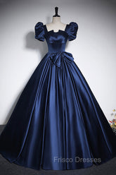 Elegant Blue Satin Formal Prom Dress, Square Neckline Puffy Short Sleeve Bow Backless Floor-Length Formal Dress