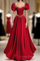 Elegant Burgundy Floor Length Formal Prom Dress, A-Line Beading Puffy Short Sleeve Backless Formal Dress