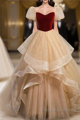 Elegant Burgundy Sparkling Sequin Square Neck Fluffy Short Sleeved Ball Dress, Burgundy Princess Sheer Backless Strap, Floor Length Layered Ruffle Edge Formal Prom Dress