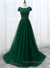 Elegant Cap Sleeve Lace Applique Tulle Party Dress, Formal Prom Gowns
