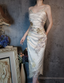 Elegant Champagne Fitted Spaghetti Strap Beaded Embroidered Satin Prom Dress Evening Dress
