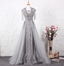 Elegant Court Grey Fringed Beaded Embroidered Tulle Train Prom Dress Evening Dress