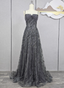 Elegant Dark Grey A-Line Spaghetti Strap Sequin Tulle Long Prom Dress Evening Dress