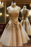 Elegant Gold Applique Homecoming Dress High Neck Knee Length A Line
