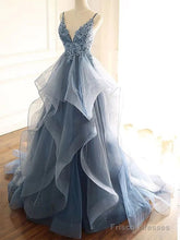 Elegant Grey Blue Tulle A-Line Spaghetti Straps V-Neck Long Prom Dresses Evening Dress,