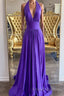 Elegant Halter Neck Backless Purple Long Formal Prom Dresses, Backless Purple Formal Graduation Evening Dresses