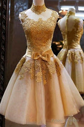 Elegant High Neck Gold Tulle Knee-Length Homecoming Dress With Appliques