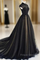 Elegant High Neck Formal Prom Dress Black Formal Dress A Line Floor Length Evening Dress