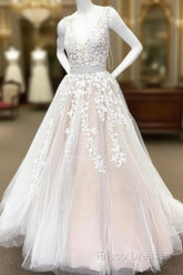 Elegant Ivory Lace Embroidery Champagne Tulle Wedding Dress V Neck