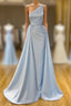 Elegant Light Blue One-shoulder Overskirt Soft-pleated Formal Prom Dress
