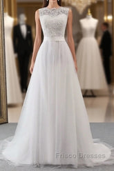 Elegant Long A-line Jewel Tulle Appliques Lace Wedding Dress