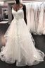Elegant Long A Line Tulle Lace V Neck Spaghetti Straps Wedding Dress