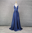 Elegant Navy Blue A-Line V-Neck Satin Long Prom Dress Evening Dress