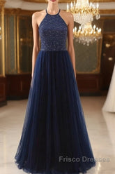 Elegant Navy Blue Halter Beaded Long Evening Dress, Beautiful Formal Prom Dress