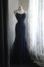 Elegant Navy Blue Mermaid Spaghetti Strap Lace Long Prom Dress Evening Dress