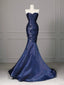 Elegant Navy Blue Mermaid Strapless Pleated Satin Long Prom Dress Evening Dress