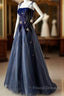 Elegant Navy Blue Spaghetti Strap Long Formal Prom Dress With Star