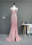 Elegant Pink Mermaid V-Neck Spaghetti Strap Full Rhinestone Slit Tulle Train Prom Dress Evening Dress