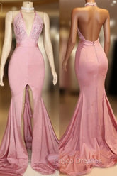 Elegant Pink Formal Prom Party Gowns| Backless Lace Evening Gown With Slit