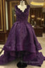 Elegant Purple Deep V Neck Appliqued Floral Short Front Long Back High Low Formal Prom Dress