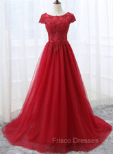 Elegant Red Tulle Long Formal Prom Dress with Lace Applique, Red Party Gowns