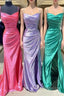 Elegant Satin Mermaid Formal Prom Dress With Pleated Bodice, Spaghetti Strap & Slit Fd5090