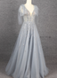 Elegant Smoky Blue Deep V Sequin Tulle Long Prom Dress Evening Dress Bridesmaid Dress