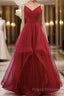Elegant V Neck Open Back Sequins Burgundy Long Formal Prom Dresses, Shiny Burgundy Formal Dresses, Fluffy Burgundy Evening Dresses