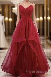 Elegant V Neck Open Back Sequins Burgundy Long Formal Prom Dresses, Shiny Burgundy Formal Dresses, Fluffy Burgundy Evening Dresses