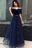 Elegant Velvet Bodice Tulle Long Formal Dress, Navy Blue Party Dress