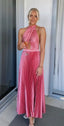 Elegant Wedding Guest Outfit A Line Halter Hot Pink Satin Prom Dresses Summer Wedding Guest Dresses Graduation Dresses