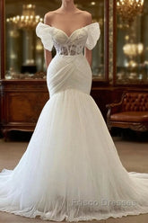 Elegant White Long Mermaid Off the Shoulder Tulle Lace Wedding Dress