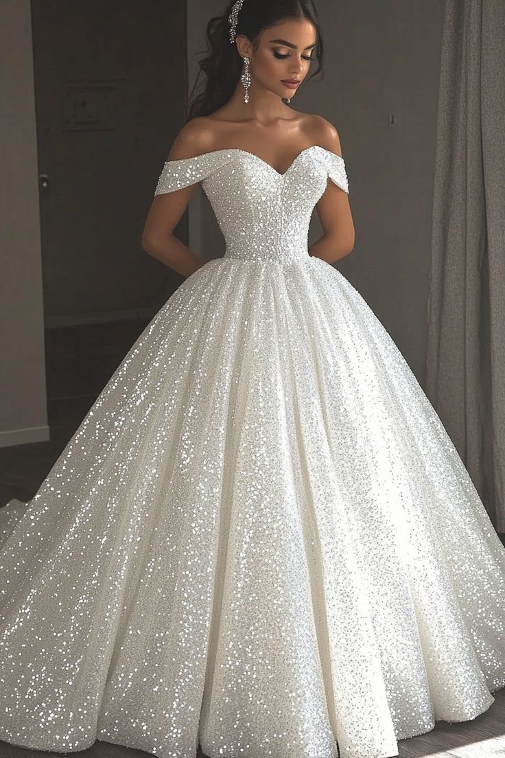 Ethereal Wedding Dress Ball Gown Off The Shoulder Sequin White Wedding
