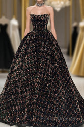 A Line Sparkly Sequin Long Formal Prom Dress, Gorgeous Strapless Long Evening Dress