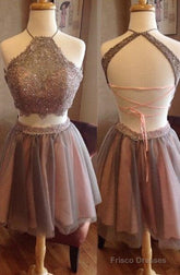 Exquisite Two Pieces Open Back Halter Blush Lace Homecoming Dress