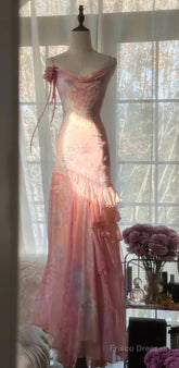 Fairytale Pink Mermaid Gown For Prom&Party-Vintage Spaghetti Strap Chiffon Beaded Long Evening Dress