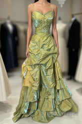 Fairytale Sage A-Line Mask Formal Prom Dress Beaded Satin Evening Gown For Birthady&Graduation