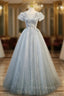 Fancy Gray Tulle Sequins Short Sleeve Beading Formal Prom Dress