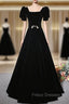 Fashion Black Velvet Short Sleeve Square Neck Formal Prom Dress