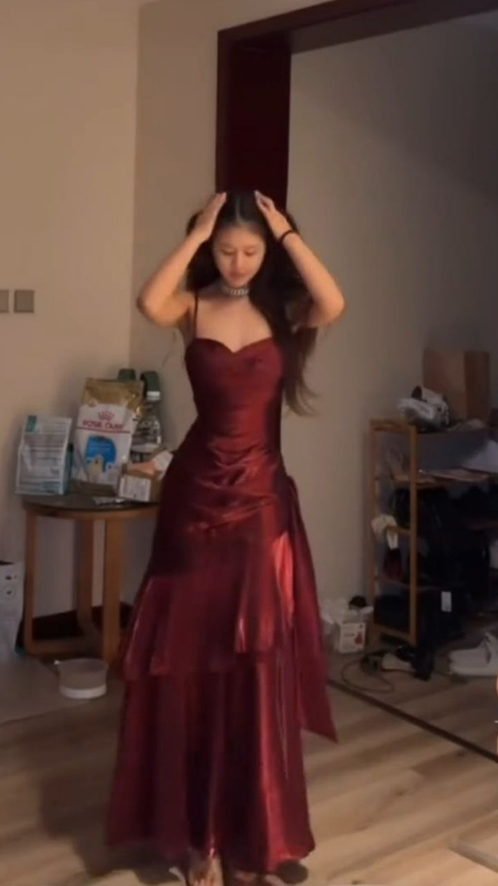 Fashion Burgundy Ruffle Long Prom Dresses Spaghetti Straps Dance Dress –  Frisco Dresses