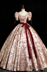 Fashion Floor-Length Printing Prom Dresses, Square Neckline Short Sleeve Backless Bow Sash Prom Formal Dresses