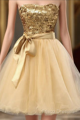 Fashion Gold Sequins Bow Sash Sweetheart Strapless Short Cute Homecoming Dress