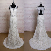 Fashion Ivory Lace Elegant Scoop Neck Open Back Vintage Column Sweep Trailing Wedding Dresses,