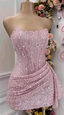Fashion Pink Strapless Bodycon Short Prom Dresses Glitter Sequin Homecoming Dresses