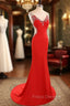 Fashion V Neck Mermaid Satin Lace Beaded Red Long Evening Dress