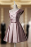 Fashionable Pink Knee Length Satin Short Formal Prom Dress, One Shoulder Bridesmaid Dress