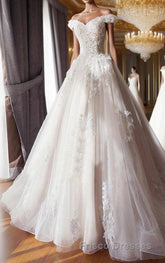 Ball Gown Off Shoulder Sleeveless Sweetheart Appliques Beading Tulle Wedding Dress