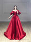 Burgundy Satin A-Line Prom Dress, Burgundy Puffy Short Sleeve Evening Dress