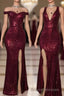 Long Mermaid Burgundy Sequin Formal Prom Dress Glitter Split Evening Gown